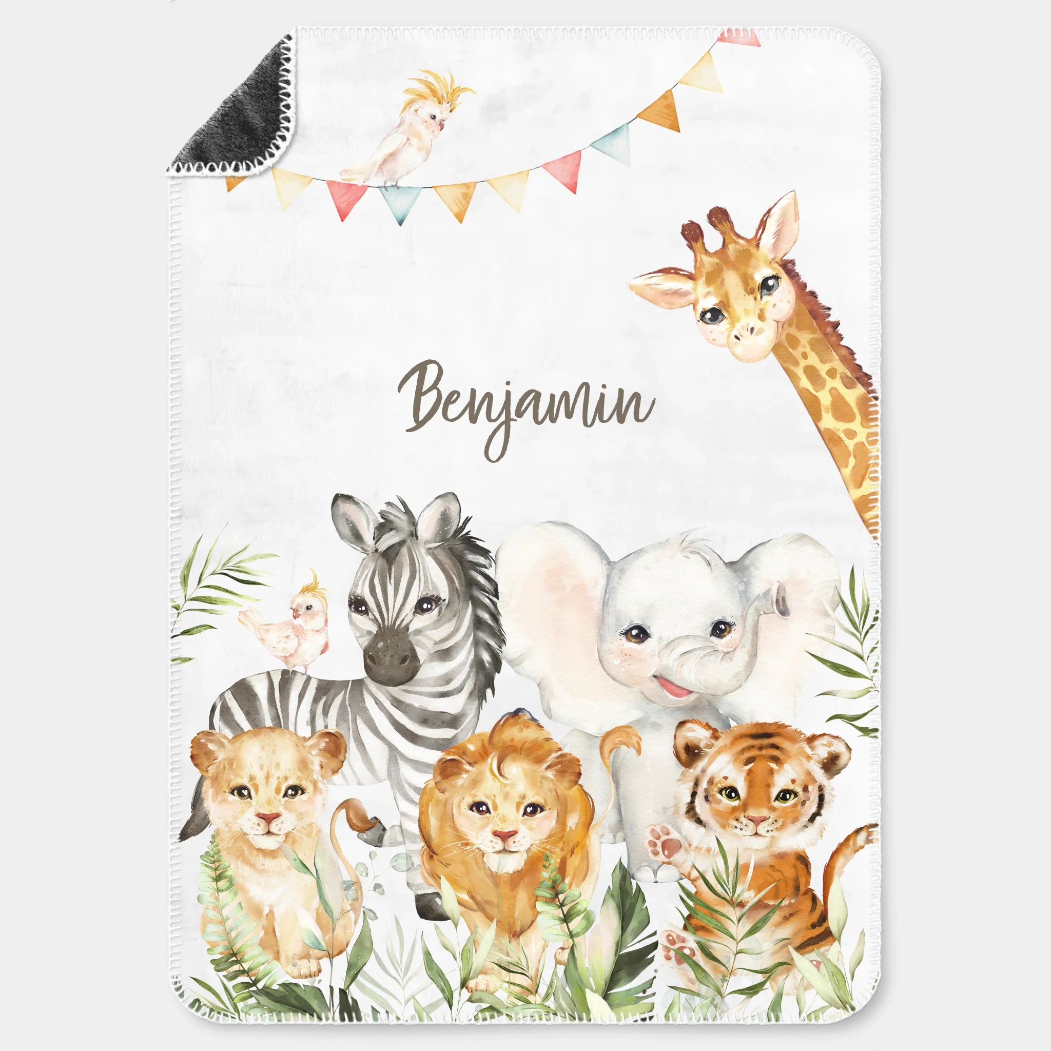 Kinderdecke Safaritiere personalisiert, Namensdecke Premiumdecke weiß bedruckt 70 x 100 cm