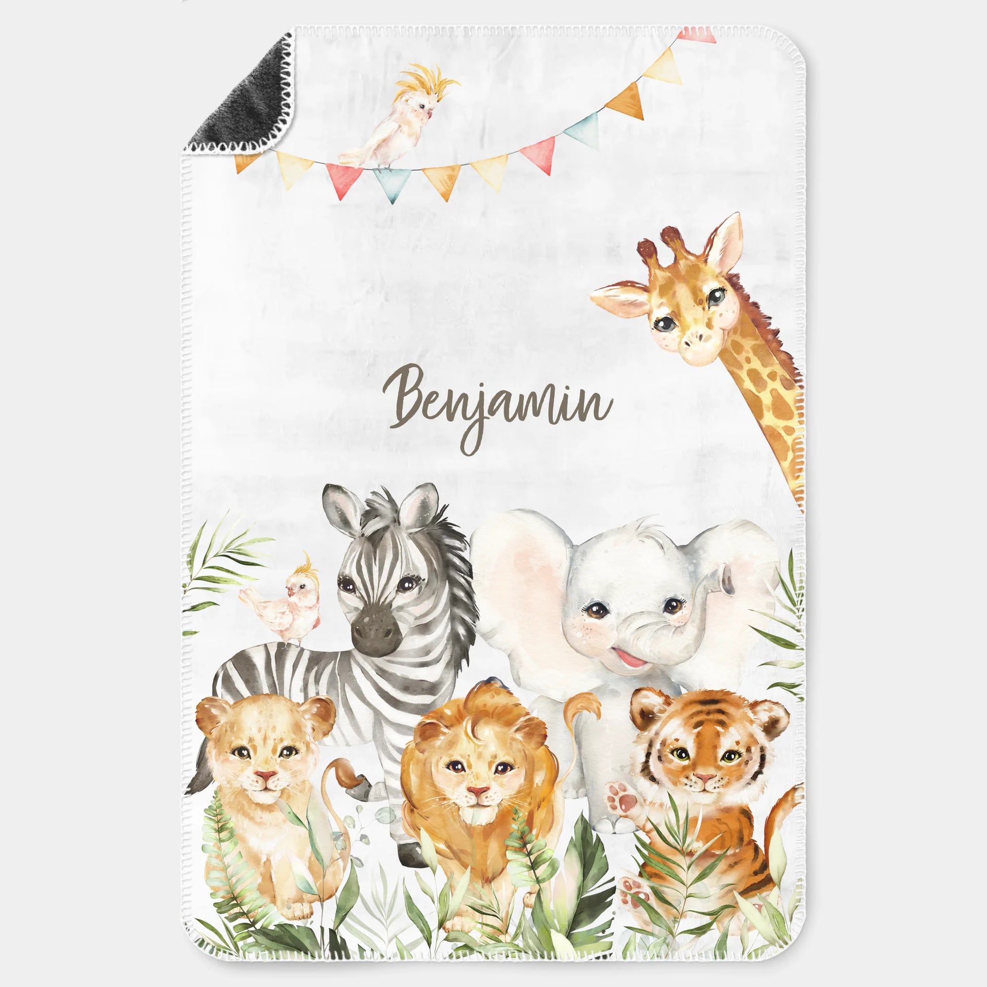 Kinderdecke Safaritiere personalisiert, Namensdecke Premiumdecke weiß bedruckt 100 x 150 cm