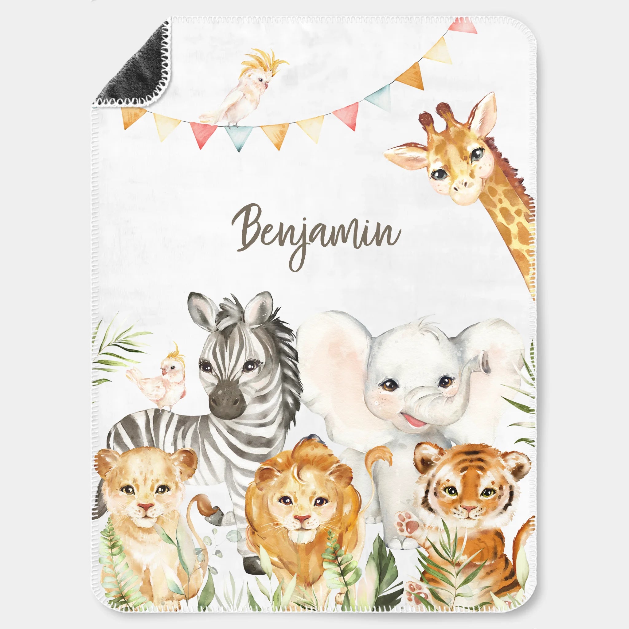 Kinderdecke Safaritiere personalisiert, Namensdecke Premiumdecke weiß bedruckt 150 x 200 cm