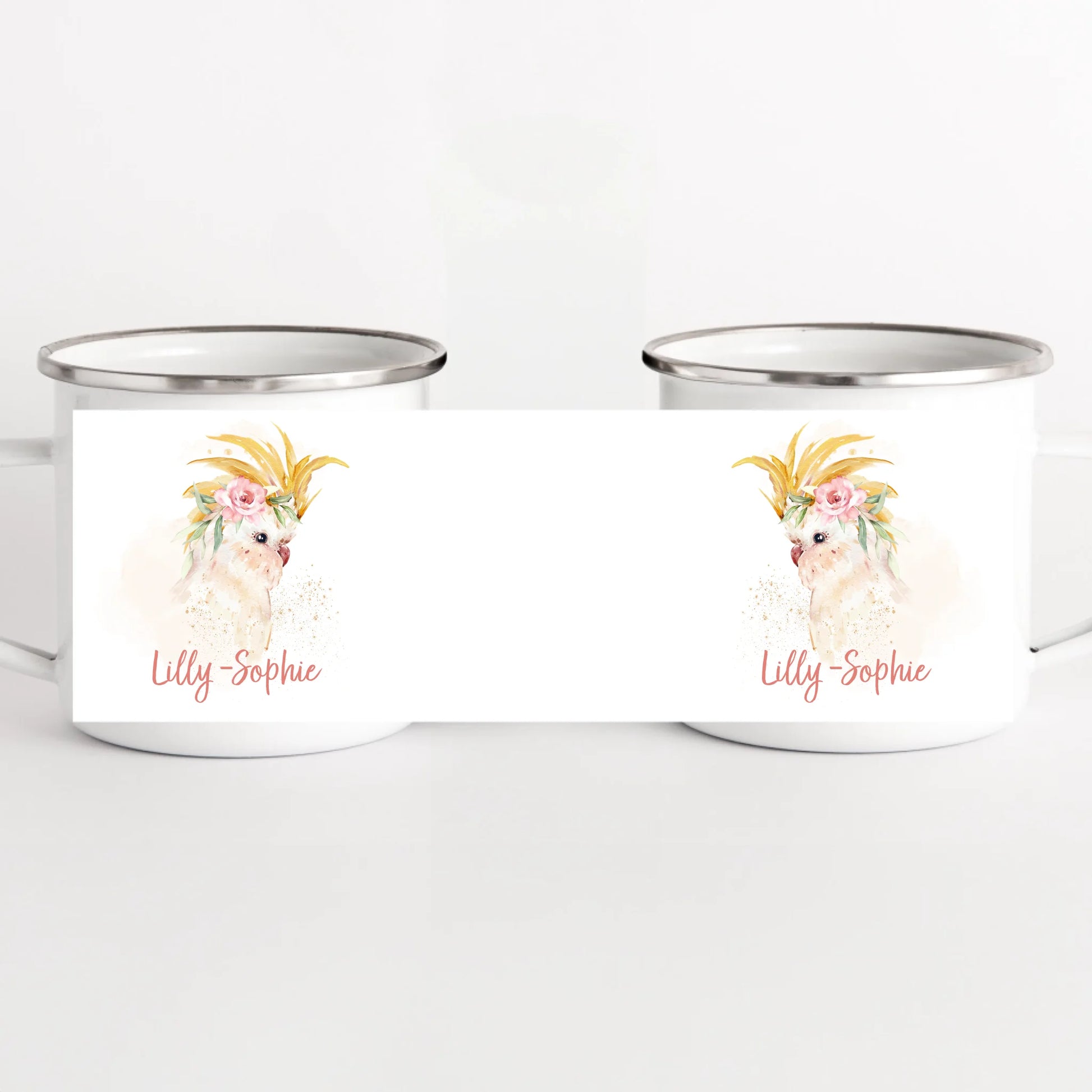 Kindertasse Vogel, Kakadu mit Namen, personalisiert weiss bedruckt Kindertasse Emaille Panorama Höhe: 8 cm, Durchmesser: 8 cm, Volumen: 300 ml, Gewicht: 130 g