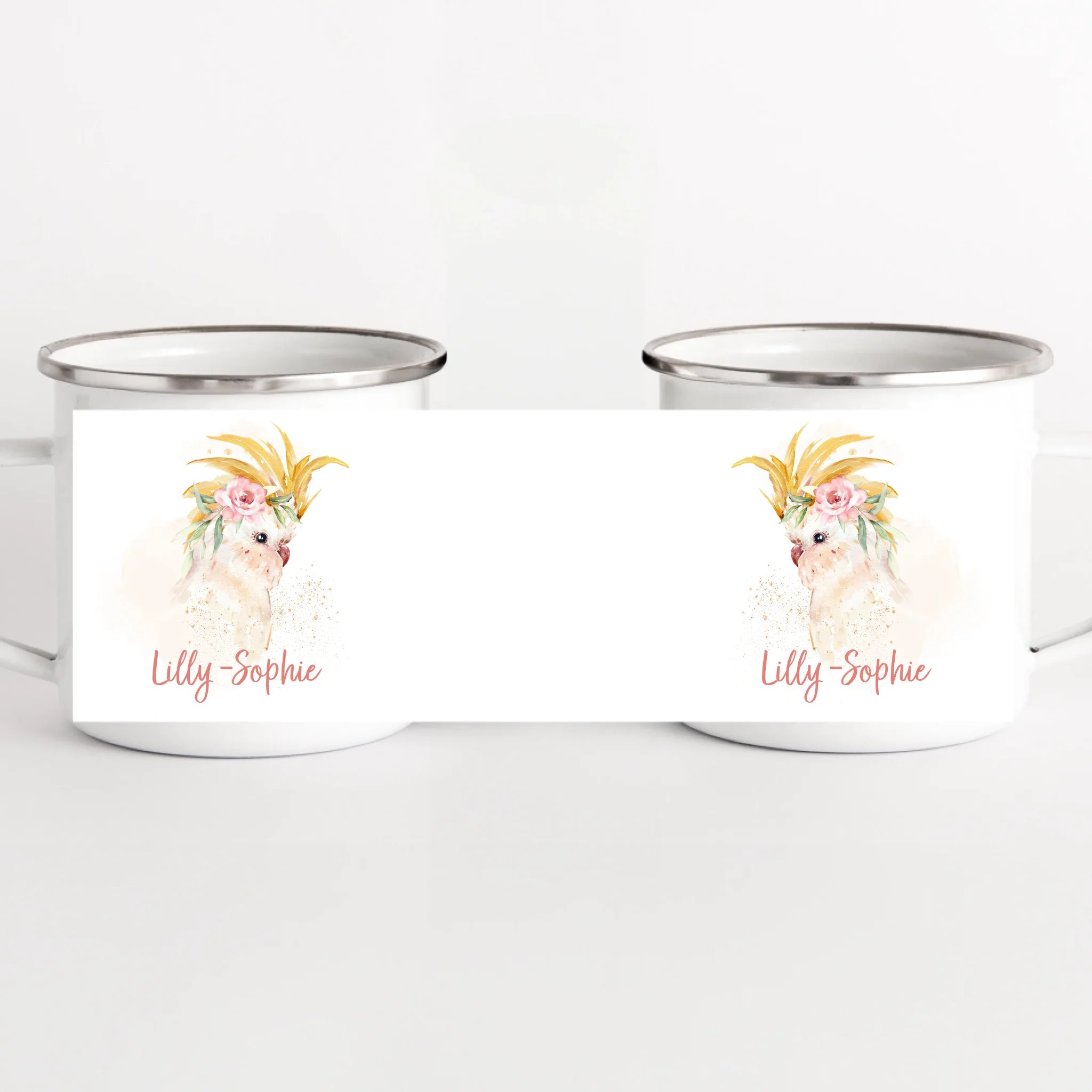 Kindertasse Vogel, Kakadu mit Namen, personalisiert weiss bedruckt Kindertasse Emaille Panorama Höhe: 8 cm, Durchmesser: 8 cm, Volumen: 300 ml, Gewicht: 130 g