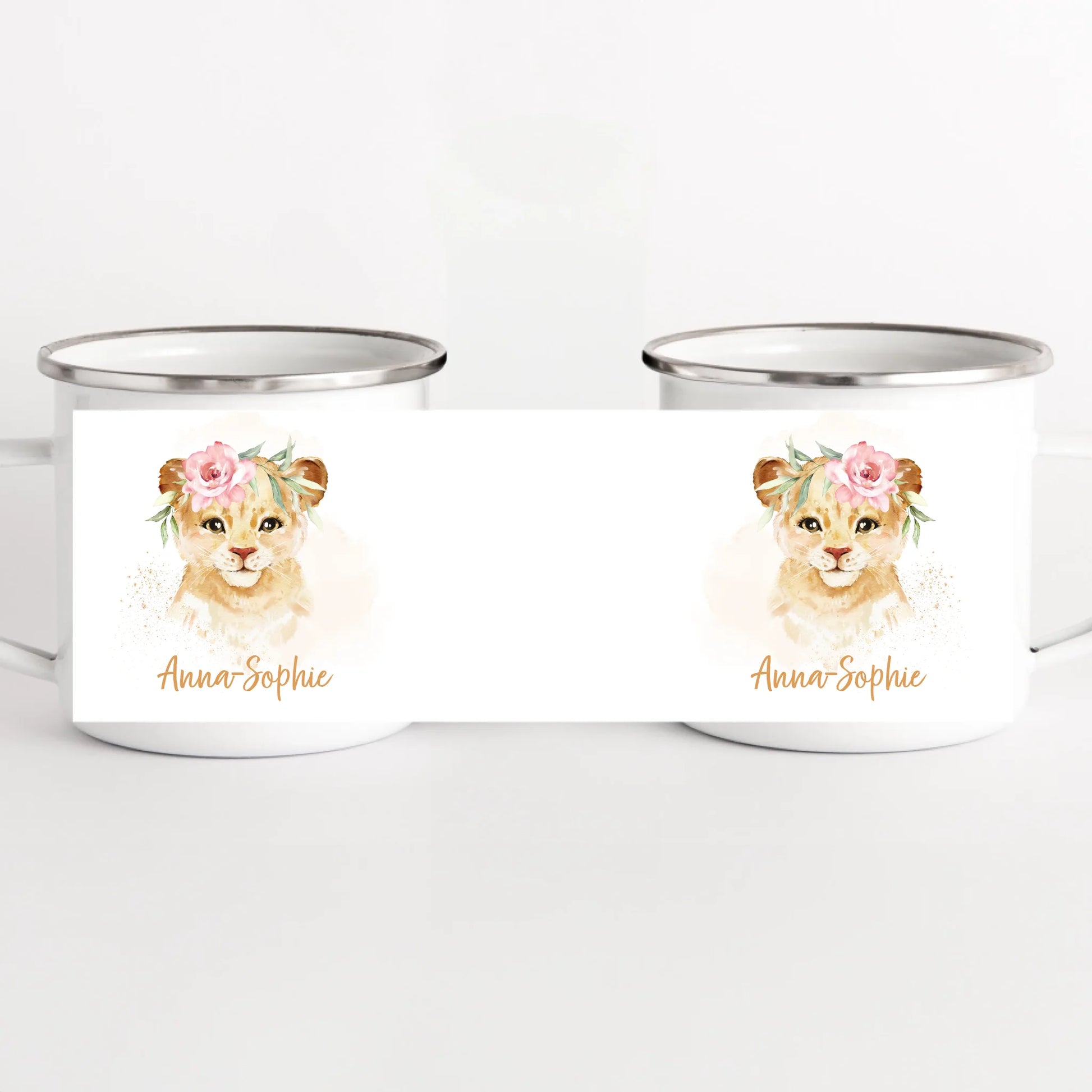 Kindertasse Löwin mit Namen, personalisiert weiss bedruckt Kindertasse Emaille Panorama Höhe: 8 cm, Durchmesser: 8 cm, Volumen: 300 ml, Gewicht: 130 g