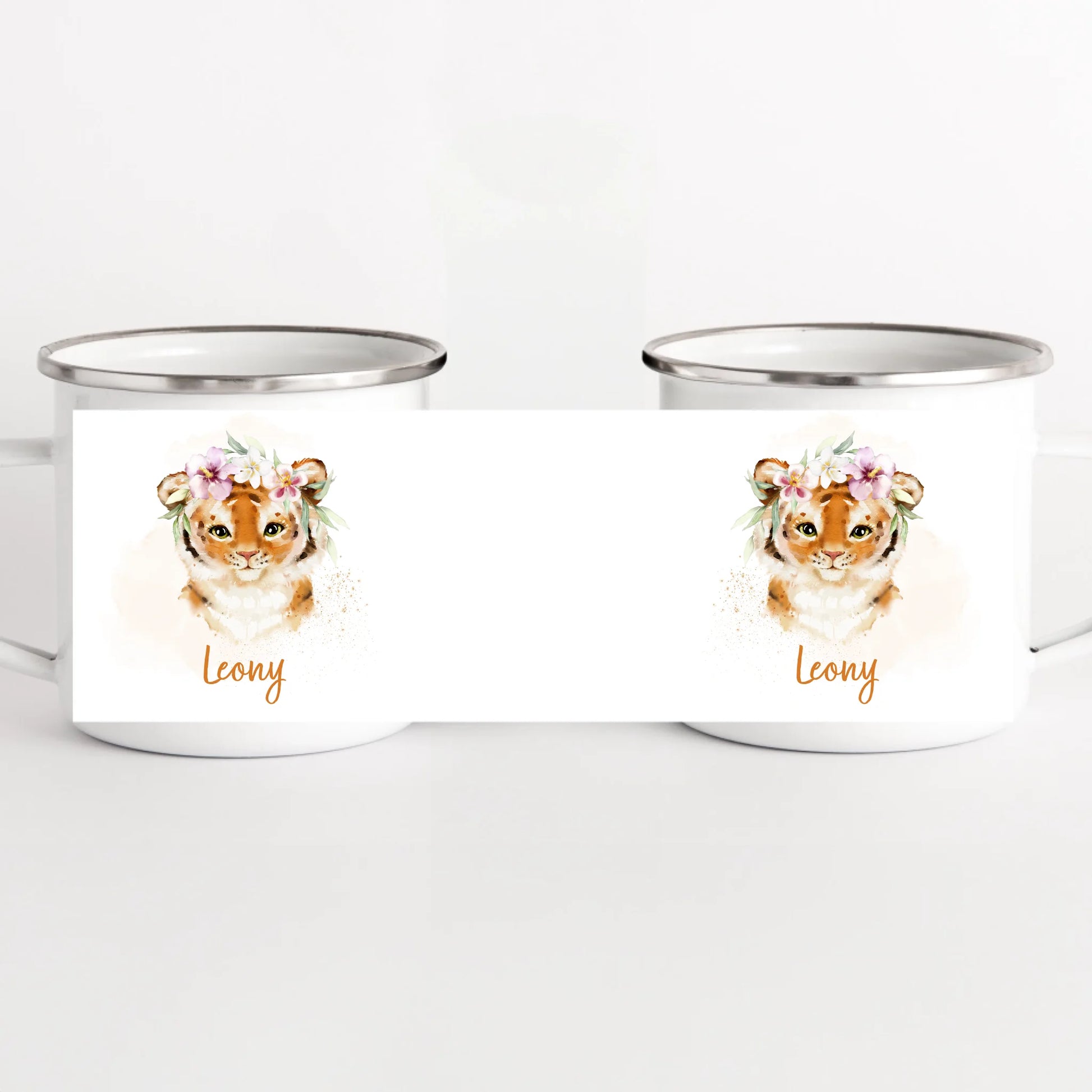 Kindertasse Tiger mit Namen, personalisiert weiss bedruckt Kindertasse Emaille Panorama Höhe: 8 cm, Durchmesser: 8 cm, Volumen: 300 ml, Gewicht: 130 g