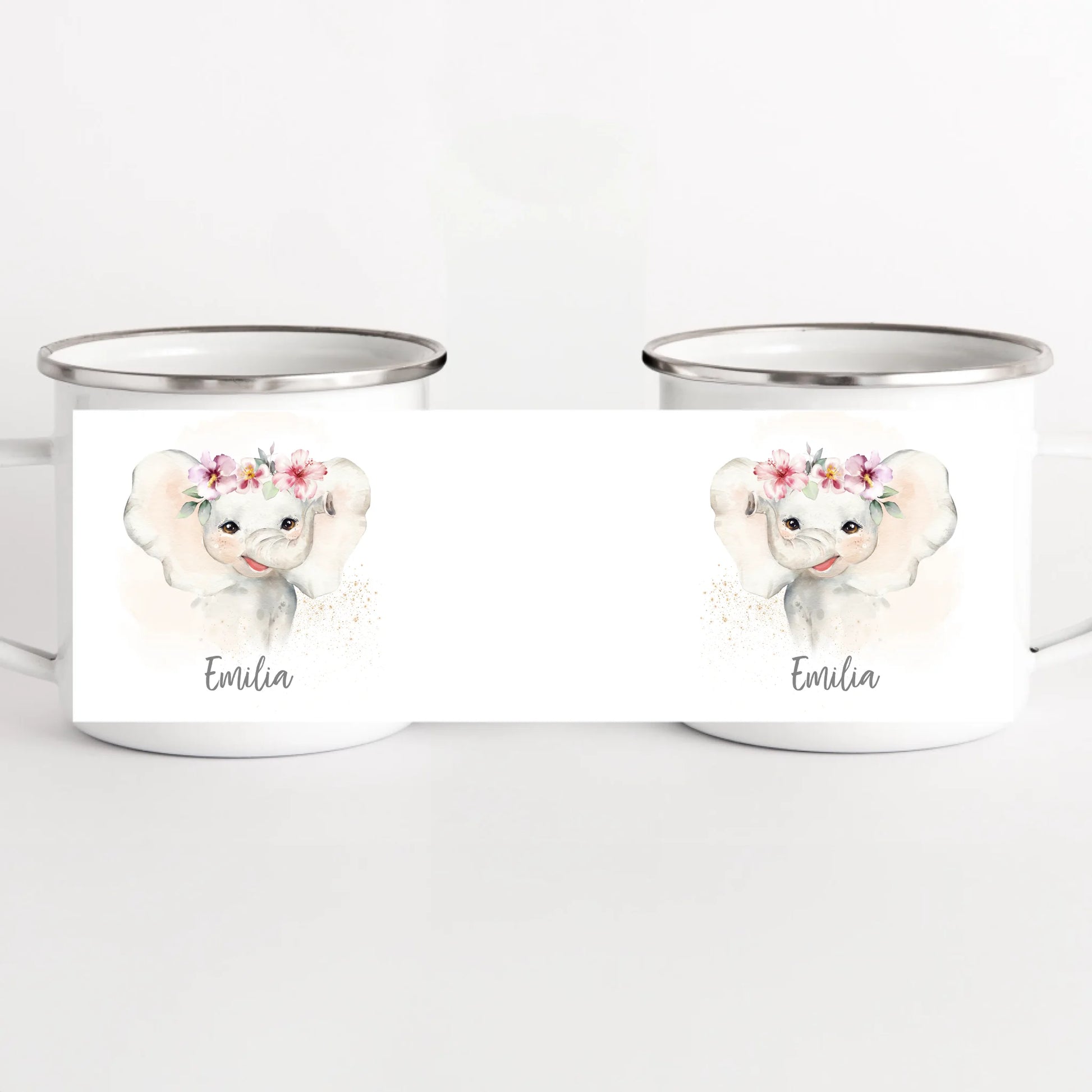 Kindertasse Elefant mit Namen, personalisiert weiss bedruckt Kindertasse Emaille Panorama Höhe: 8 cm, Durchmesser: 8 cm, Volumen: 300 ml, Gewicht: 130 g