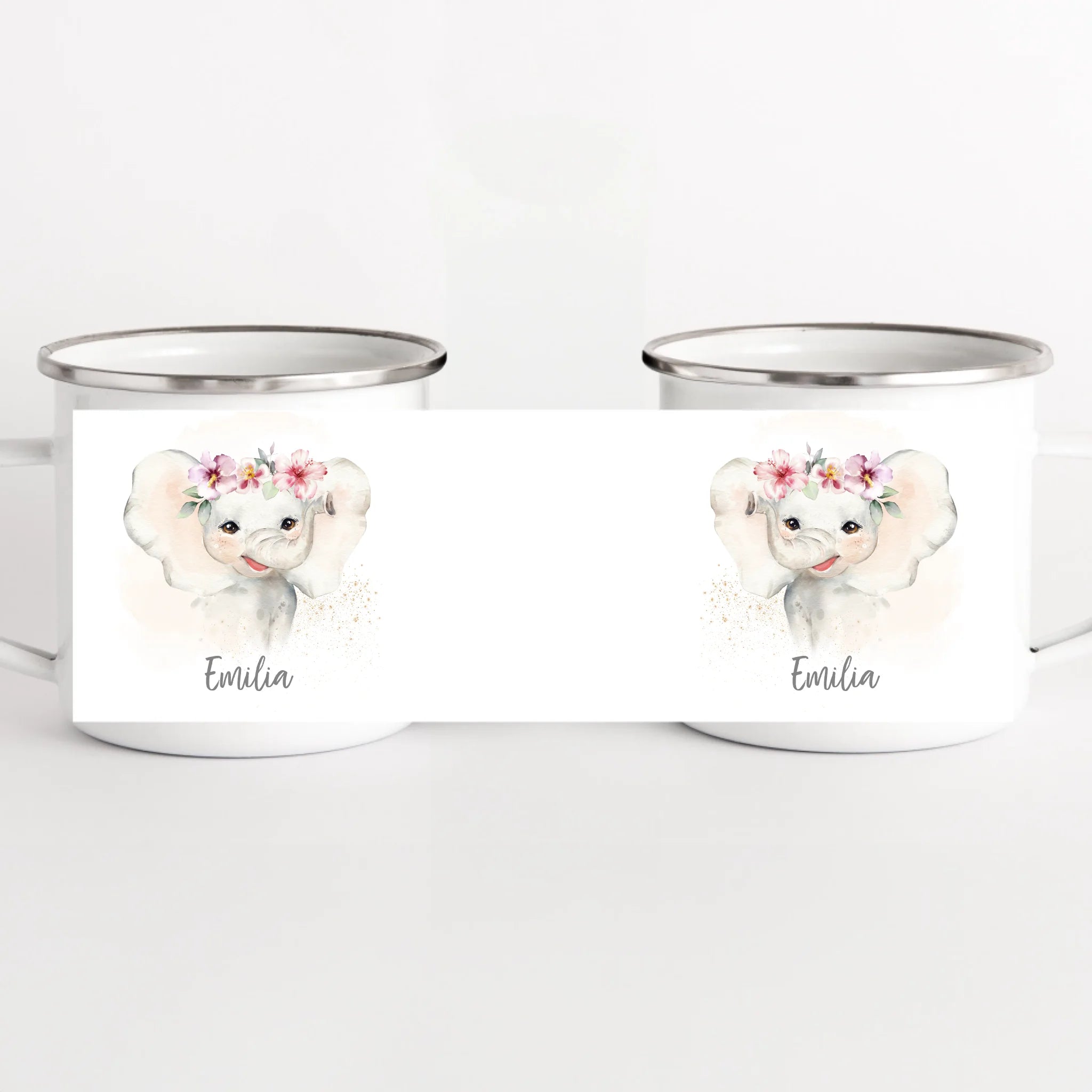 Kindertasse Elefant mit Namen, personalisiert weiss bedruckt Kindertasse Emaille Panorama Höhe: 8 cm, Durchmesser: 8 cm, Volumen: 300 ml, Gewicht: 130 g