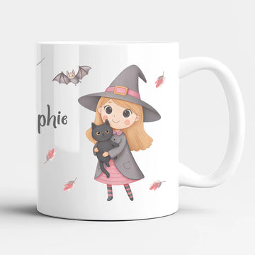 Kindertasse Keramik, personalisiert mit Namen, Halloween, Hexe mit Katze und Geist, Geschenkidee