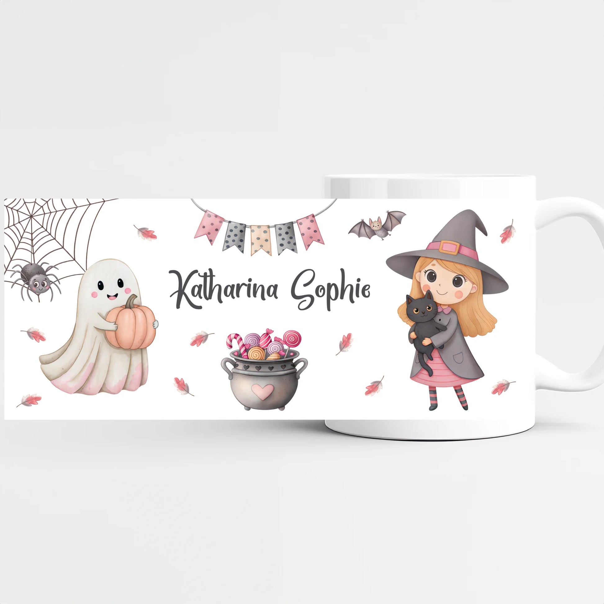Kindertasse Keramik, personalisiert mit Namen, Halloween, Hexe mit Katze und Geist, Geschenkidee