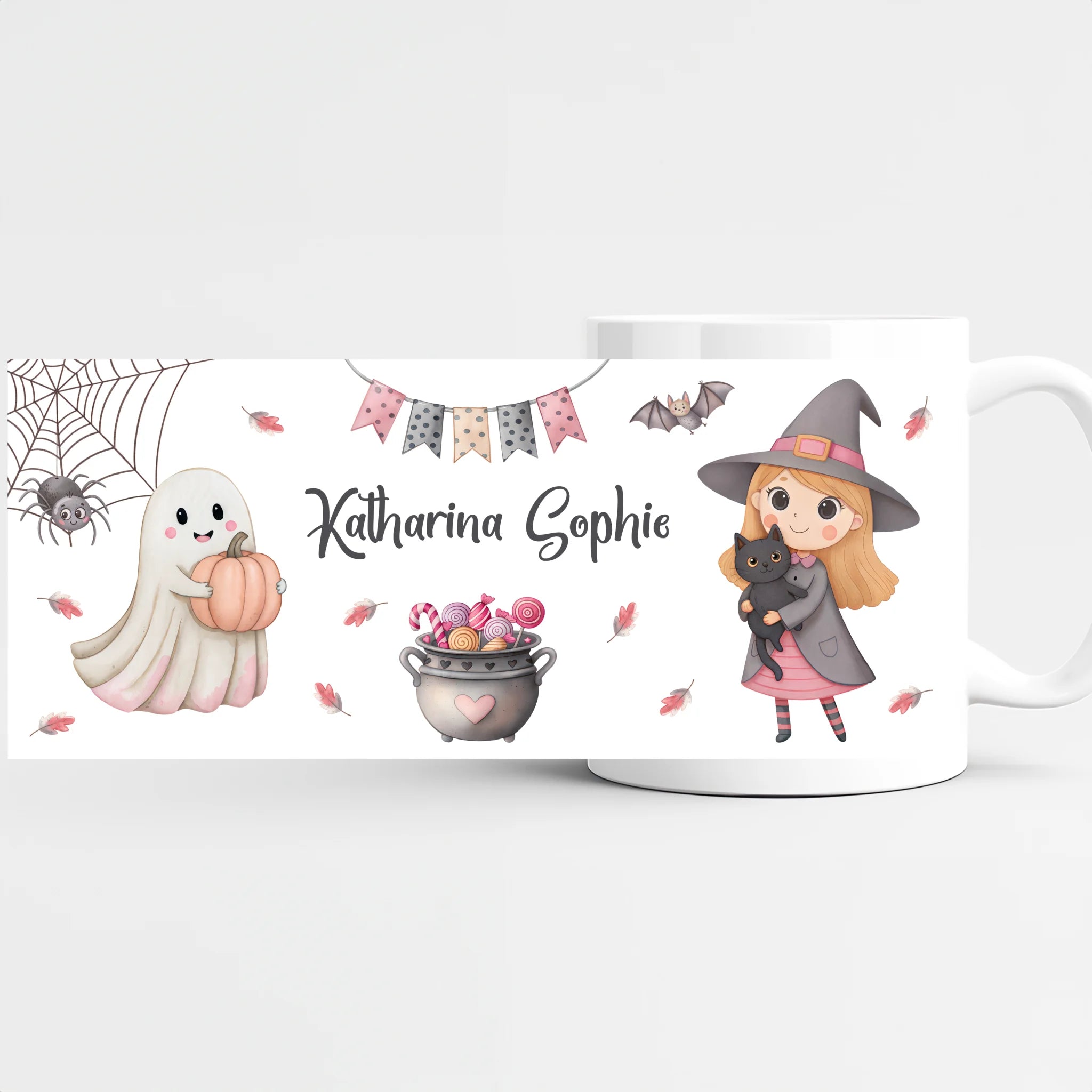 Kindertasse Keramik, personalisiert mit Namen, Halloween, Hexe mit Katze und Geist, Geschenkidee