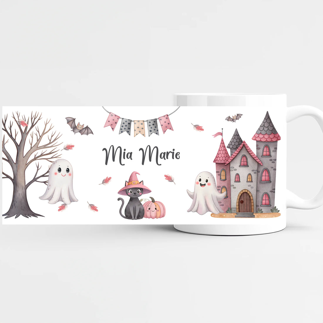 Kindertasse Halloween Katze mit Geister personalisiert