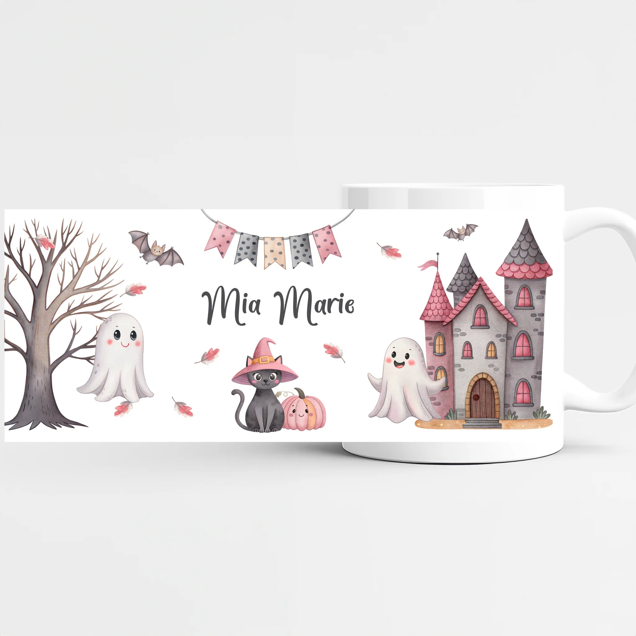 Kindertasse Halloween Katze mit Geister personalisiert