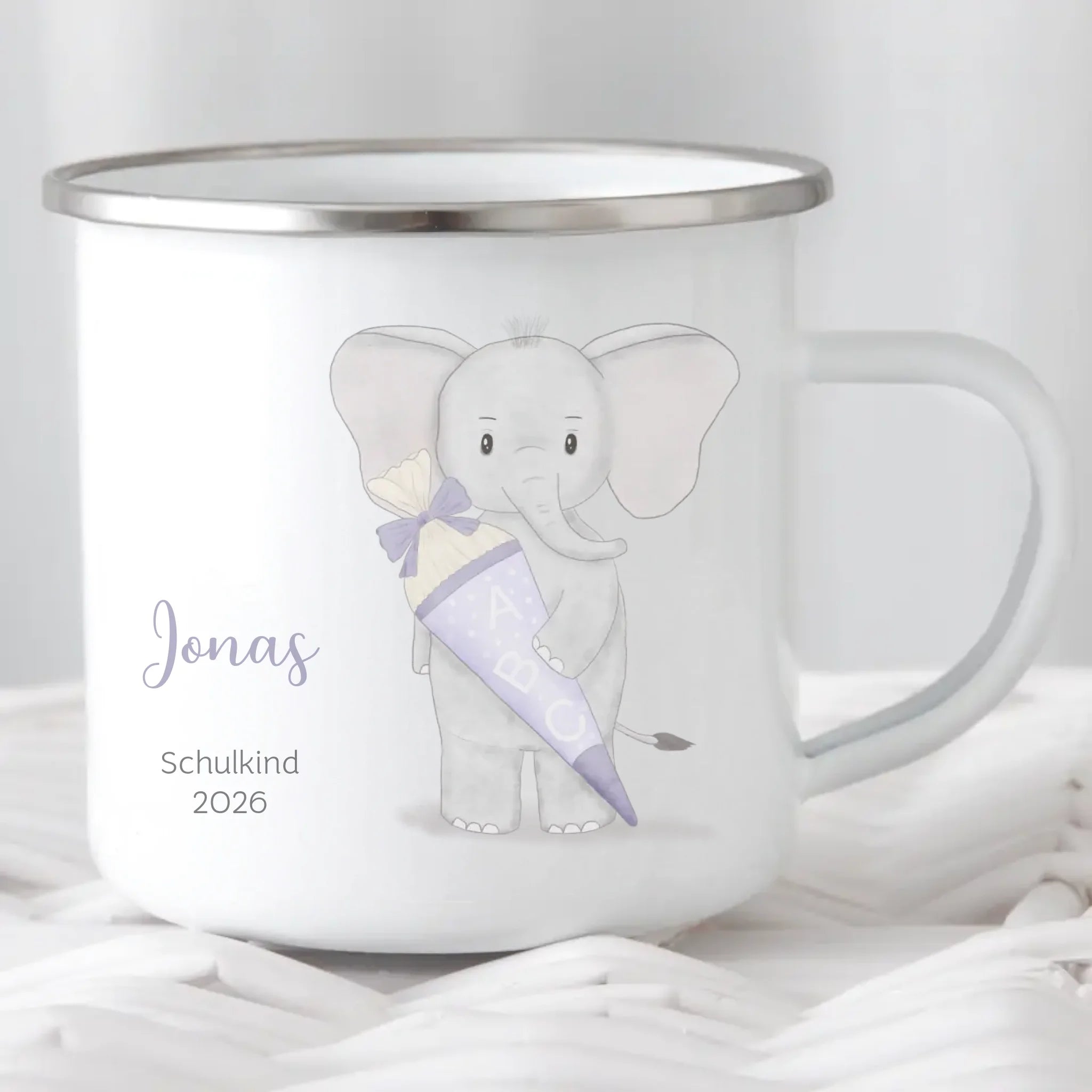 Kindertasse zur Einschulung, Elefant mit Schultüte