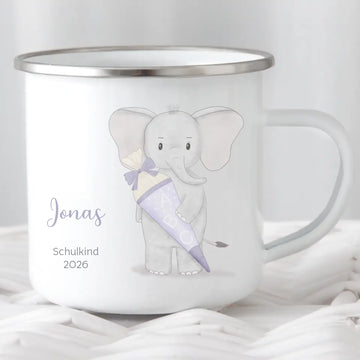 Kindertasse zur Einschulung, Elefant mit Schultüte