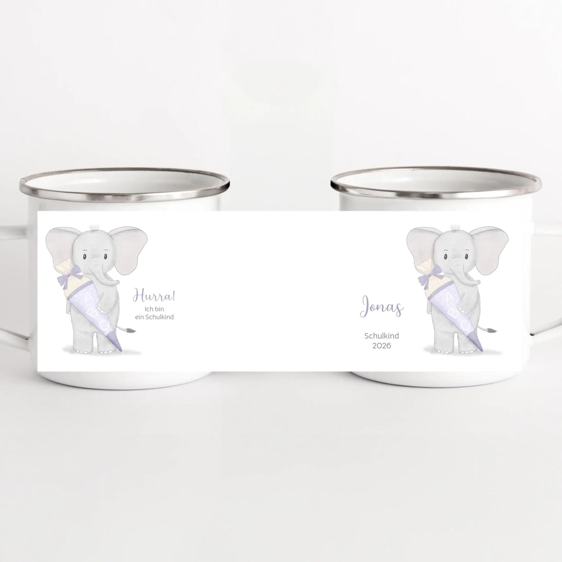 Kindertasse zur Einschulung, Elefant mit Schultüte