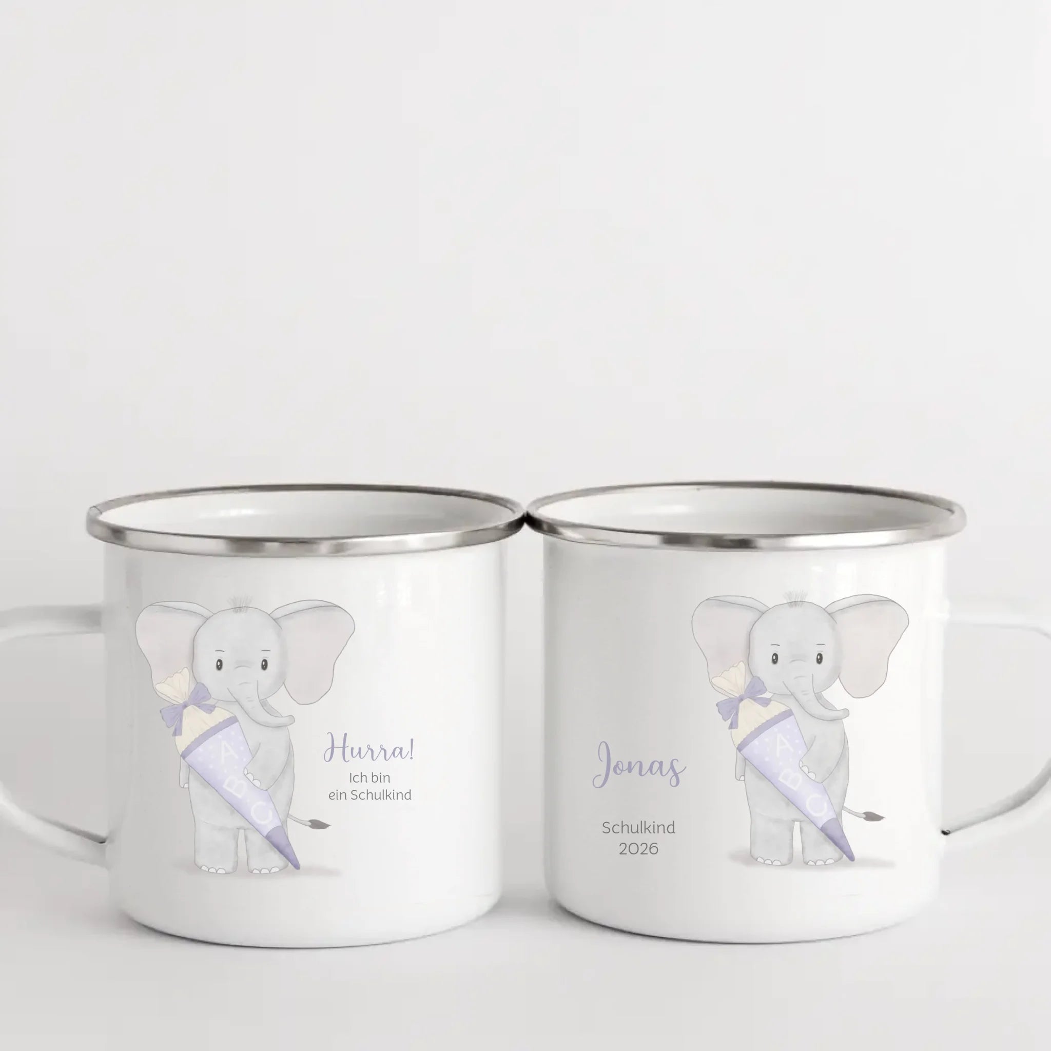 Kindertasse zur Einschulung, Elefant mit Schultüte