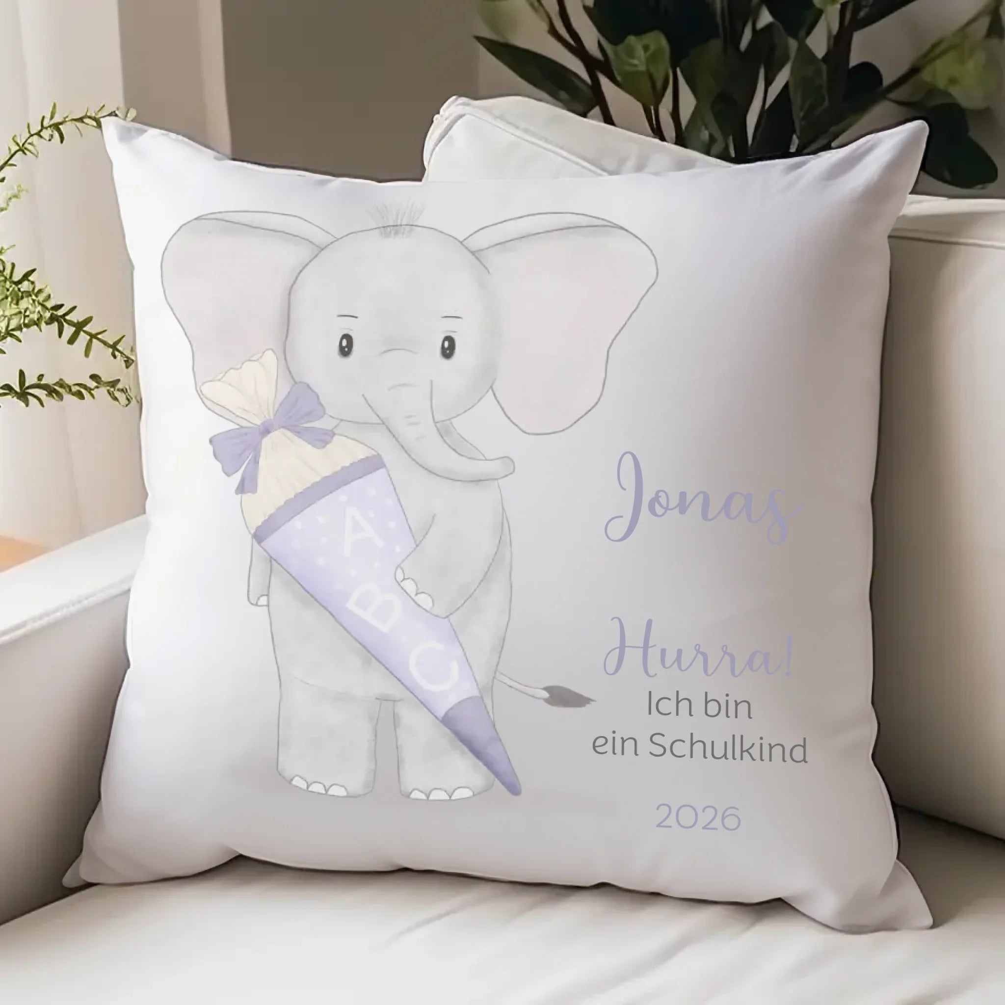 Kinderkissen zur Einschulung, Elefant mit Schultüte