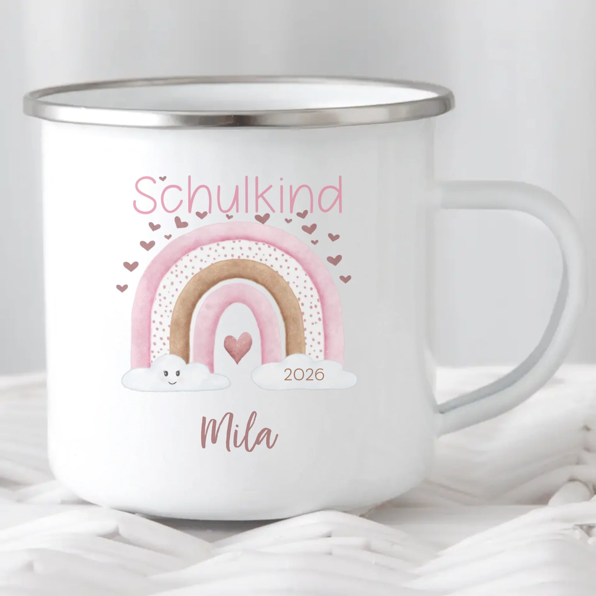 Kindertasse zur Einschulung, Regenbogen mit Herzen