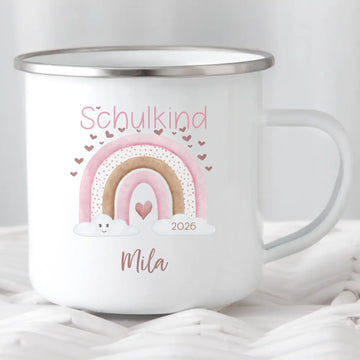 Kindertasse zur Einschulung, Regenbogen mit Herzen