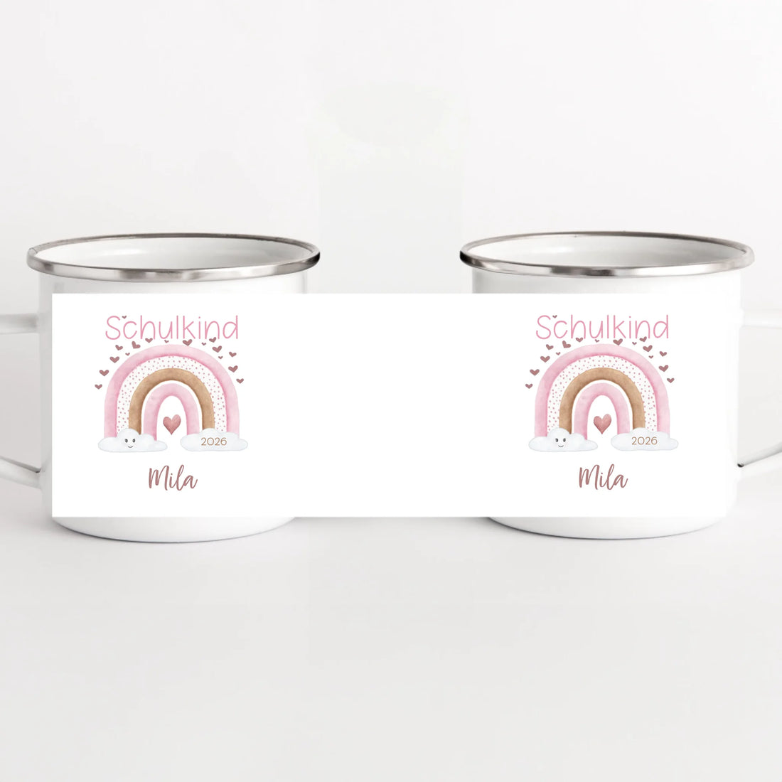Kindertasse zur Einschulung, Regenbogen mit Herzen