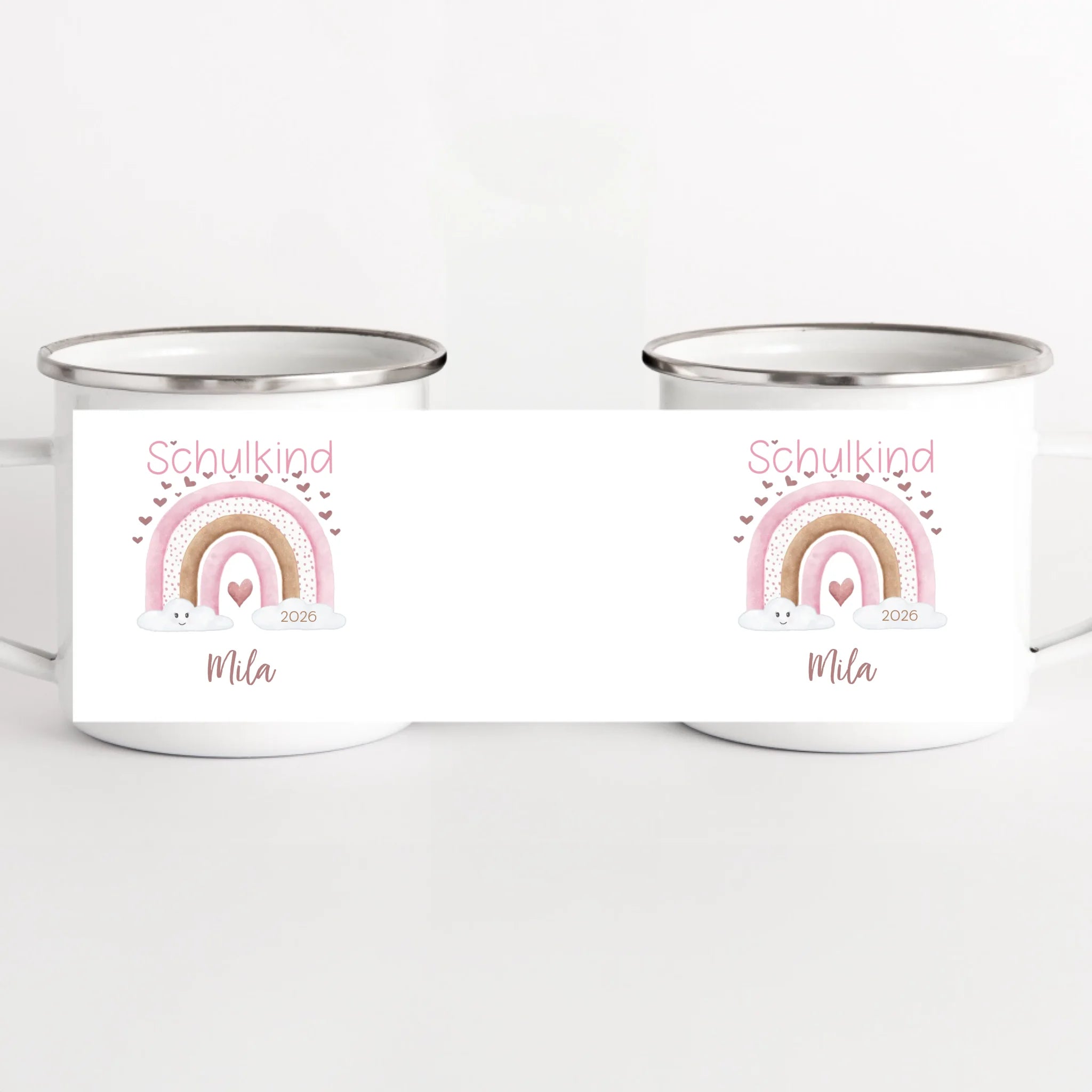 Kindertasse zur Einschulung, Regenbogen mit Herzen