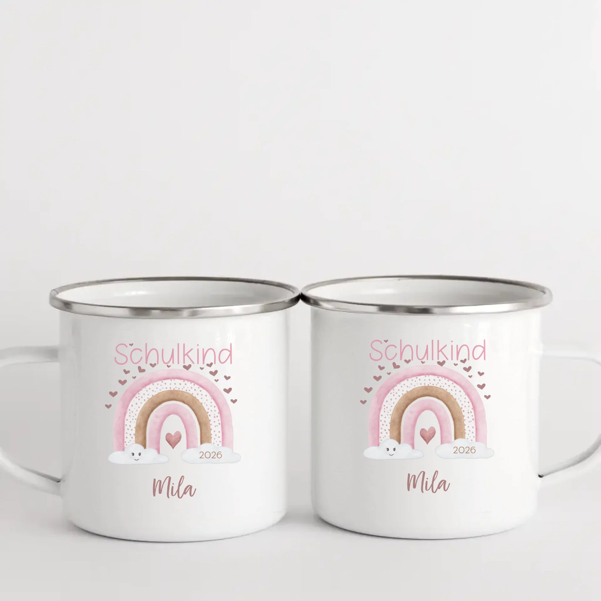Kindertasse zur Einschulung, Regenbogen mit Herzen