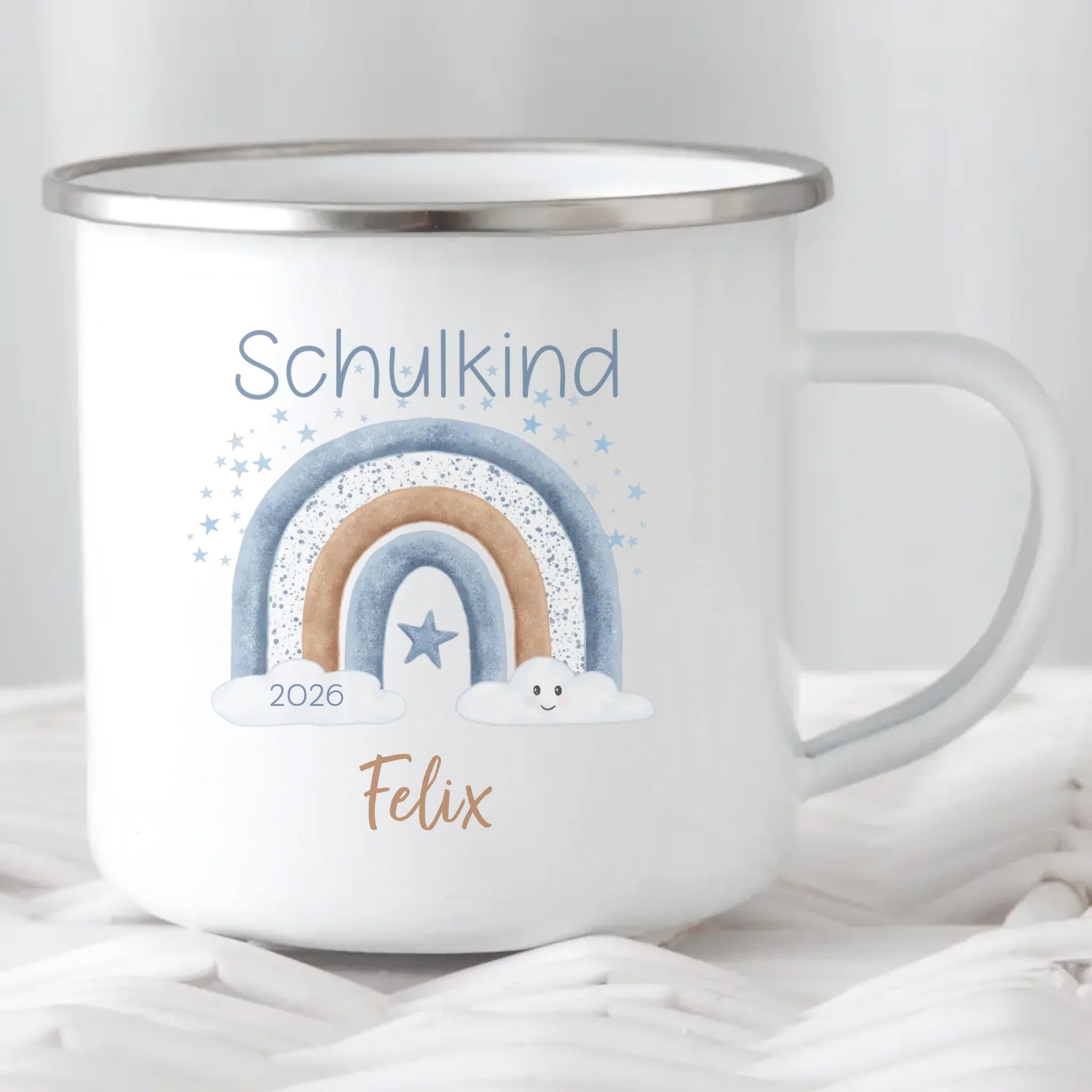 Kindertasse zur Einschulung, Regenbogen mit Sterne
