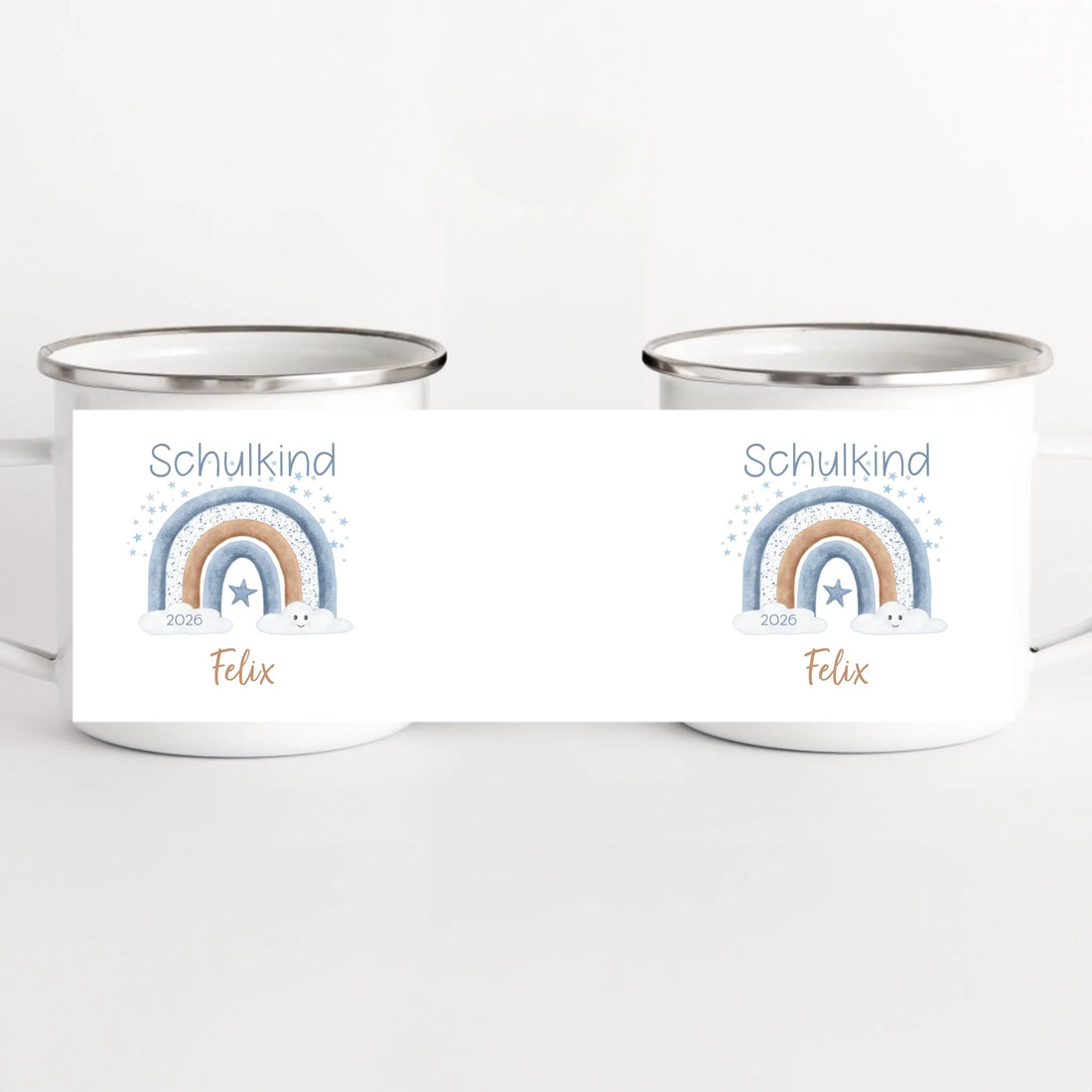 Kindertasse zur Einschulung, Regenbogen mit Sterne