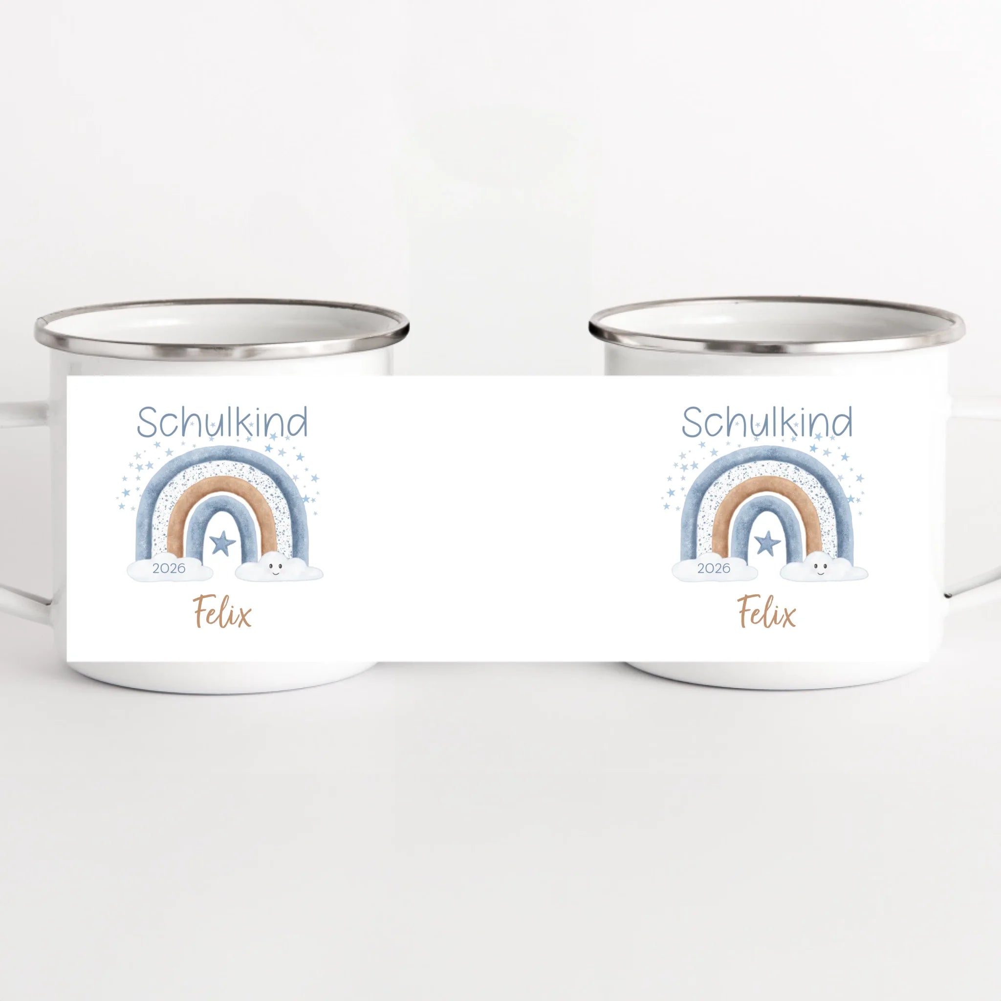 Kindertasse zur Einschulung, Regenbogen mit Sterne