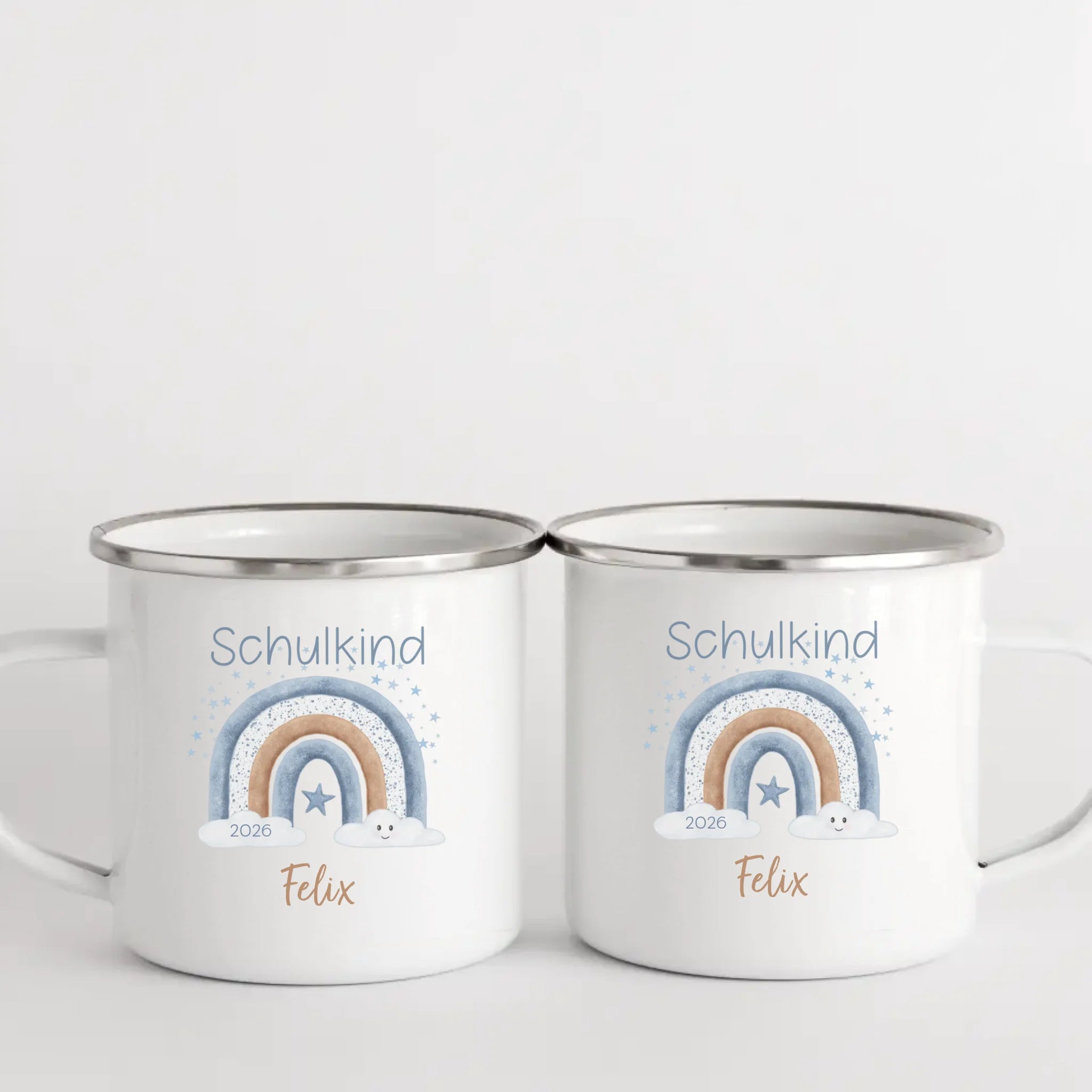 Kindertasse zur Einschulung, Regenbogen mit Sterne