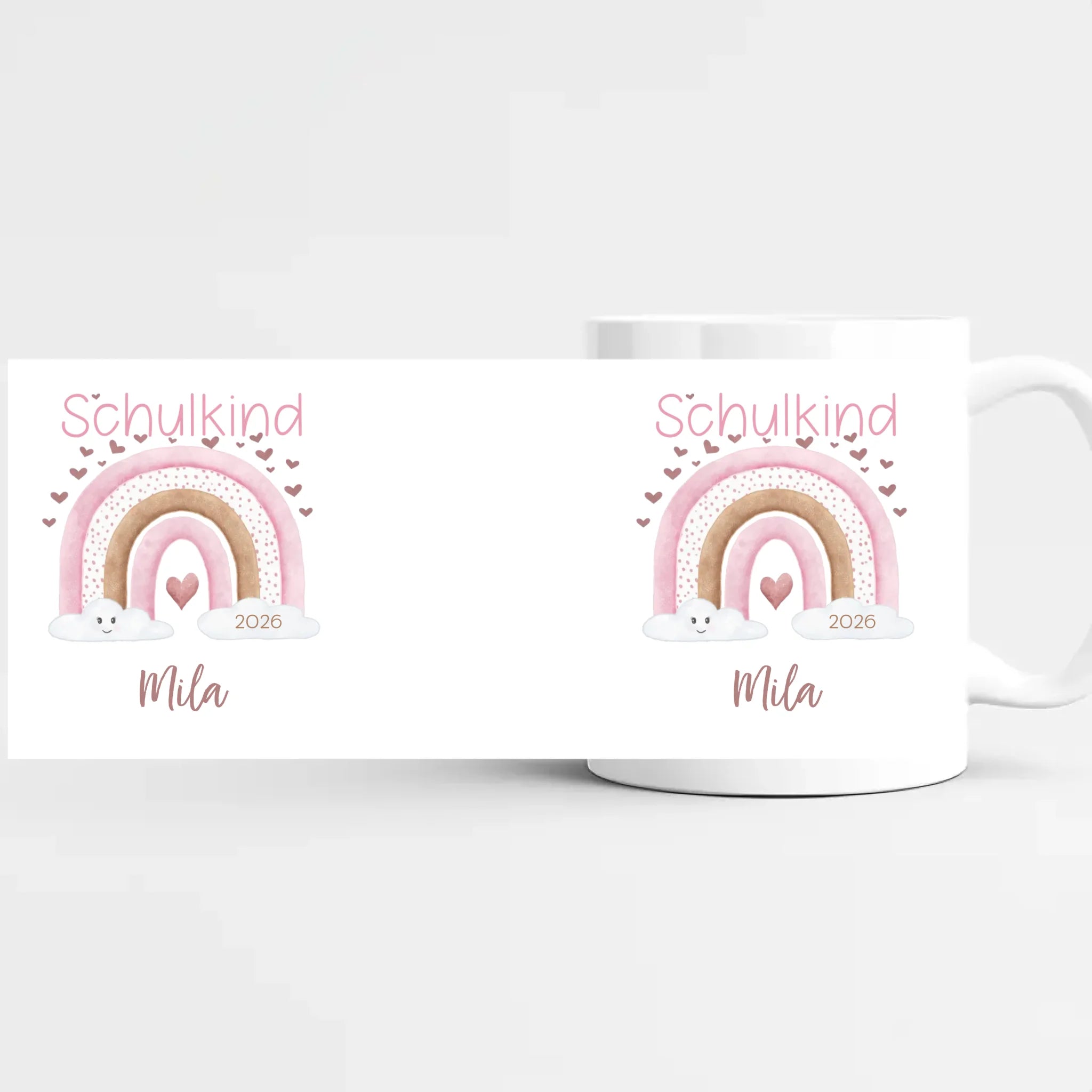 Tasse zur Einschulung, Regenbogen mit Herzen