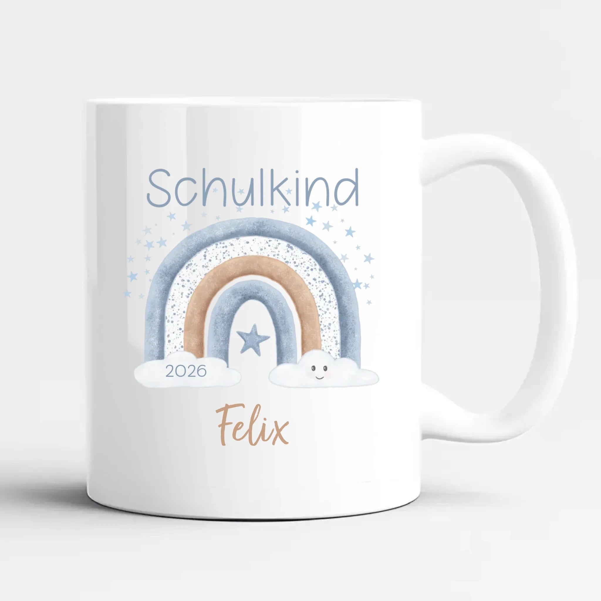 Tasse zur Einschulung, Regenbogen mit Sterne