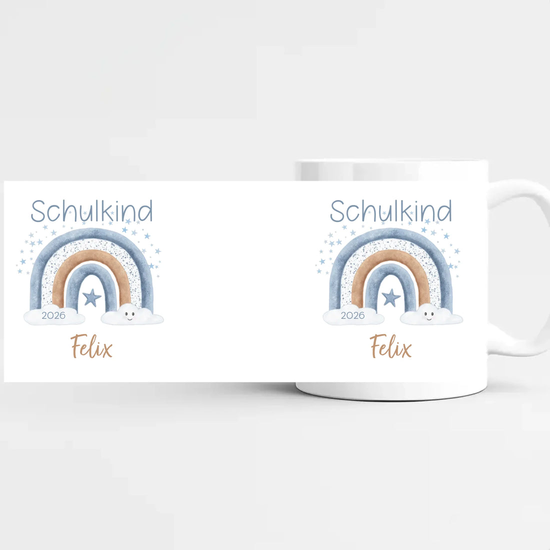 Tasse zur Einschulung, Regenbogen mit Sterne