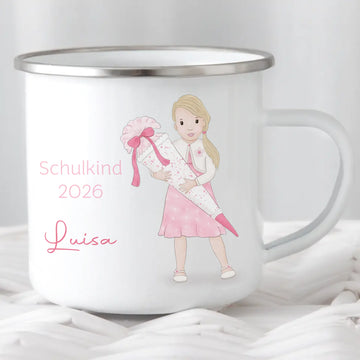 Kindertasse zur Einschulung, Mädchen mit Zuckertüte