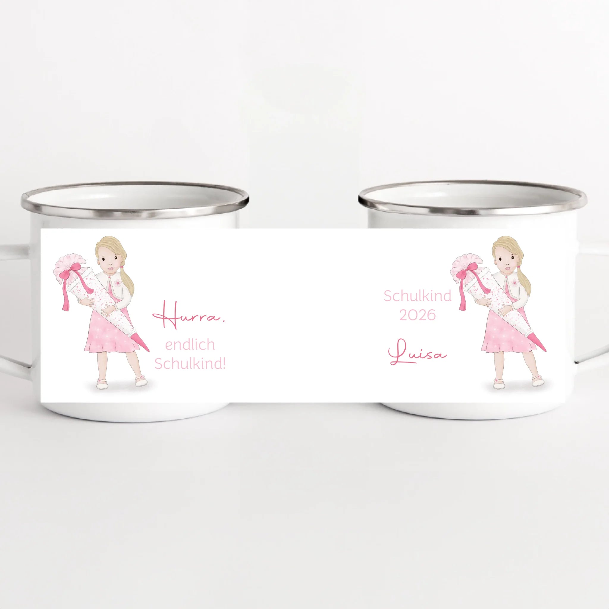 Kindertasse zur Einschulung, Mädchen mit Zuckertüte