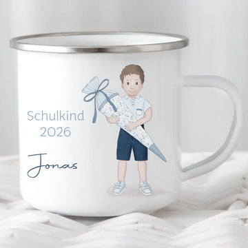 Kindertasse zur Einschulung, Junge mit Zuckertüte