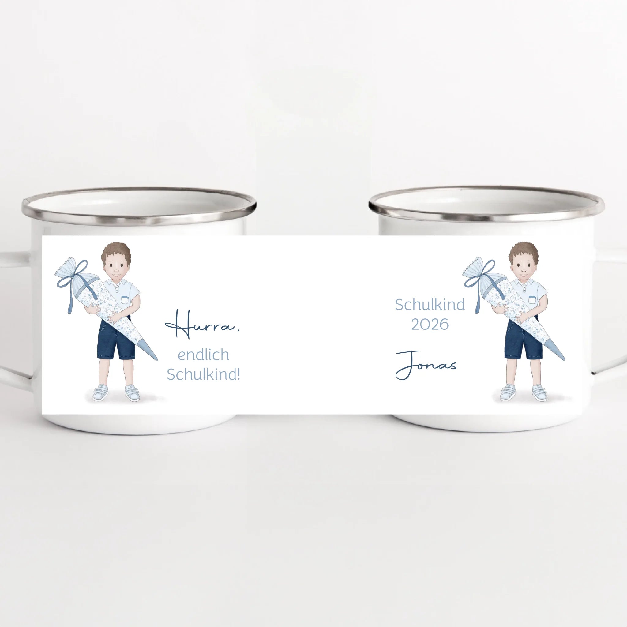 Kindertasse zur Einschulung, Junge mit Zuckertüte