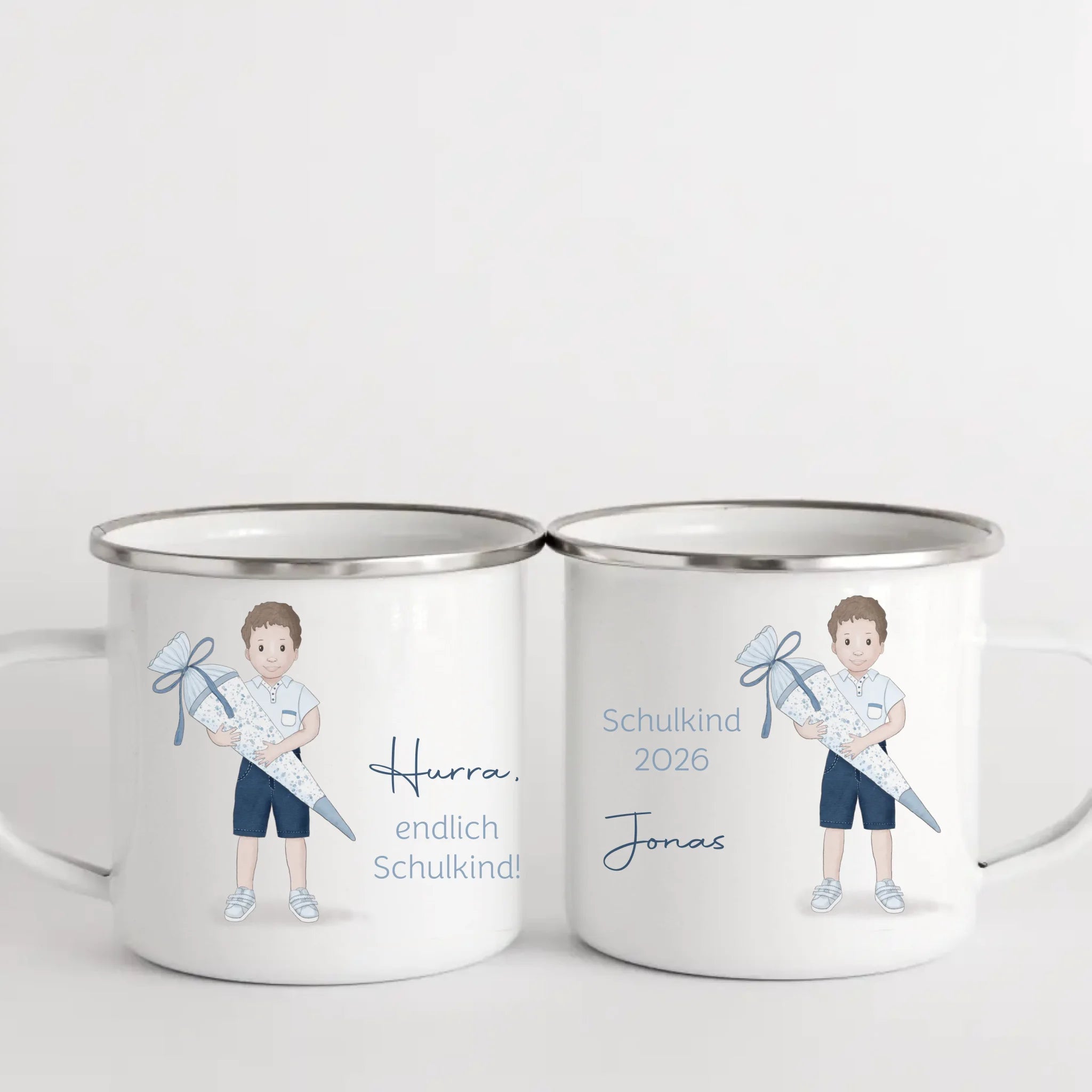 Kindertasse zur Einschulung, Junge mit Zuckertüte