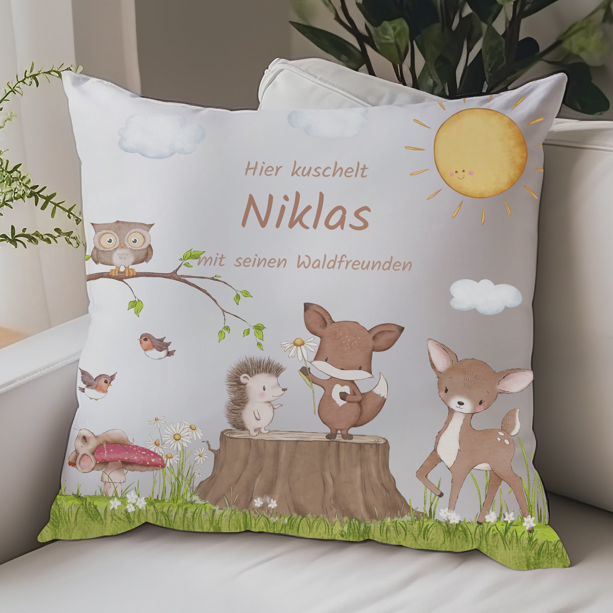 Namenskissen Waldtiere personalisiert, Kinderkissen